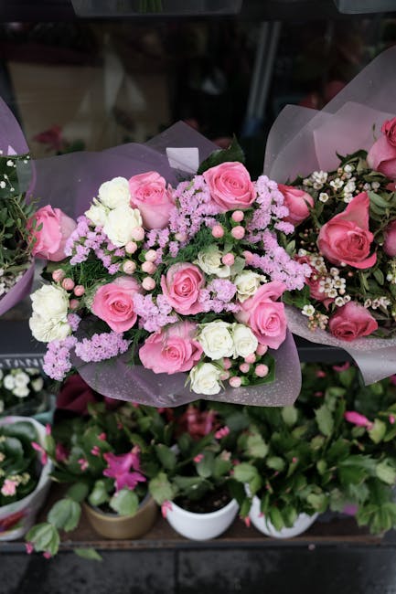 A vibrant bouquet of fresh pink and white roses, accented with delicate pink astilbe and small white filler flowers, arranged in a rounded floral composition. The flowers are wrapped in semi-transpare